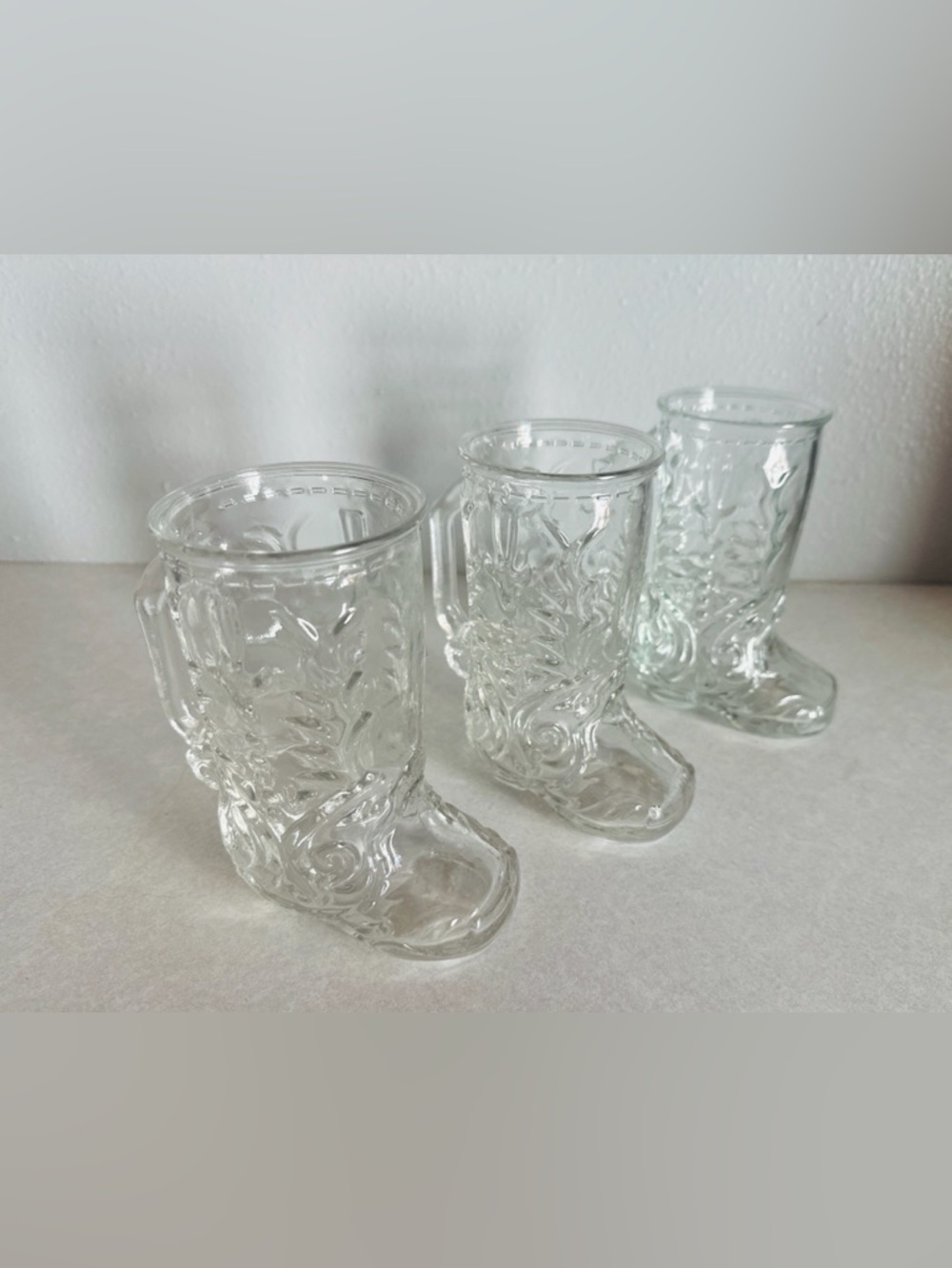 3 Vintage Libbey of Canada Cowboy Boot Clear Embossed Glass Beer Mugs